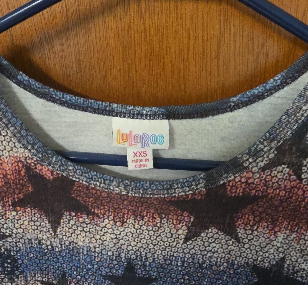 LuLaRoe "Carly" Star Print High/Low Midi Dress in Blue, Red & White - Picture 2 of 4
